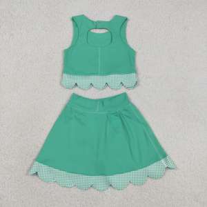 Tenues de sport athlétiques RTS pour petites filles, motif écossais vert, jupes-culottes décontractées à bord festonné, doublure, vêtements de yoga assortis pour sœurs, ensembles 2 pièces en tissu peigné - Product Image 6