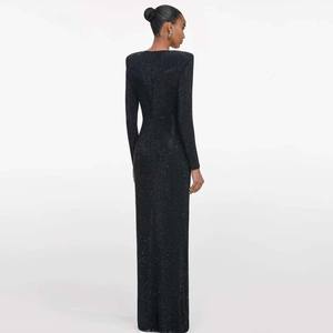 女式黑色长袖水钻晚礼服，带腰部剪裁的百褶裙，用于宴会、舞会和颁奖 - Product Image 3