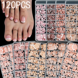 120 faux ongles de pieds carrés courts à presser, style French, couleur nude, en acrylique, réutilisables, à couverture complète, pour extension d'ongles de pieds - Product Image 1