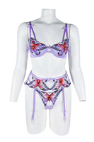 Ensemble de lingerie 3 pièces pour femme, couleur lilas, broderie papillon, résille transparente, porte-jarretelles avec nœud, idéal pour un cadeau de lune de miel