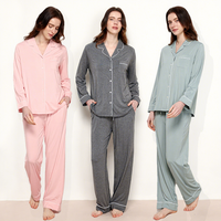Pyjama en fibre de bambou pour femmes, manches longues, à carreaux et rayures, ensemble deux pièces avec cordon de serrage, vêtements de détente respirants, vêtements de maison
