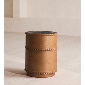 Comodino Vintage in Legno di Quercia Rotondo Stile Mid-Century con Piano in Marmo e 2 Cassetti, Resistente per la Camera da Letto - Product Image 3