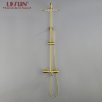 En promotion : Ensemble de douche thermostatique LESUN avec barre coulissante à trois poignées, laiton poli doré, système de douche, garantie 5 ans
