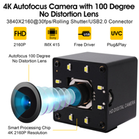 ELP Webcam 4K USB Fokus Otomatis, Kamera Penglihatan Malam Tanpa Distorsi Lensa IMX415 Sensor UVC Kamera Web Ultra HD untuk Konferensi Video