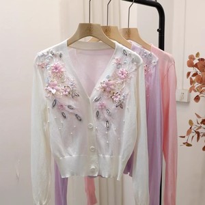 フレンチスタイルニットカジュアルカーディガンブラウス女性刺繍花柄Vネック長袖甘いヴィンテージシックな軽量コート - Product Image 1