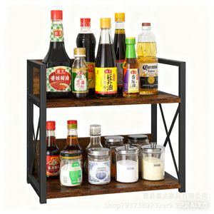 Double Layer <b>Storage</b> Rack Brown Steel Frame <b>Kitchen</b> Countertop Organizer Spice <b>Jar</b> Shelf 2 Tier - Product Image 4
