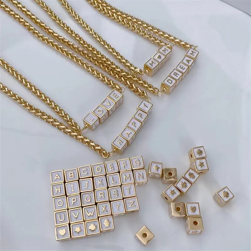 Mixed 26 Alphabet A-Z enamel white color gold plated cube square letter charm beads custom made bracelet necklace accessories