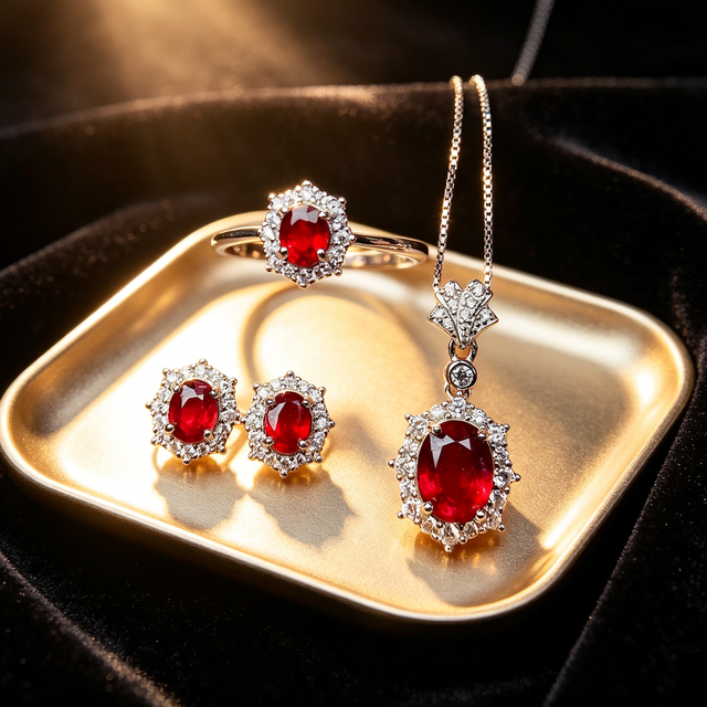 925 Sliver Natural Ruby Pendant with Chain Fine Jewelry Set Charms for Necklace  Earrings Rings Suppliers