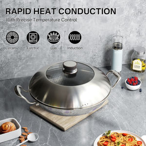 New Design Panelas Duráveis Cerâmica Revestimento Interior Eco-Friendly Aço Inoxidável <span class=keywords><strong>Non</strong></span> <span class=keywords><strong>Stick</strong></span> <span class=keywords><strong>Wok</strong></span> 30cm <span class=keywords><strong>Wok</strong></span> Pan Com Tampa De Vidro Plano - Product Image 2