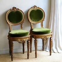 Chaise de salle à manger en bois massif européen avec dossier sculpté vintage, fauteuil en tissu velours et chaise de coiffeuse