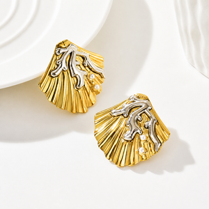 Boucles d'oreilles statement en perles de coquillage bicolores, acier inoxydable plaqué or 14 carats, imitation perle - Product Image 1