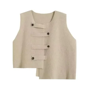 <strong>Women</strong> Elegant Vest Solid Color 2024 Spring Autumn Knitted Waistcoat Female Vintage <strong>Sleeveless</strong> <strong>Cardigan</strong> - Product Image 5