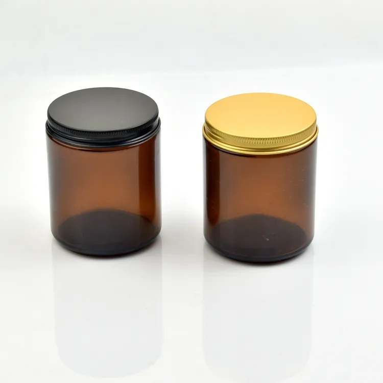 Bocaux à bougie en verre uniques 8oz 250ml bocaux à bougie d'apothicaire en ambre recyclé pot cosmétique vide avec couvercle doré