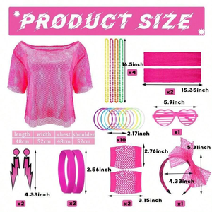 Vente flash : <span class=keywords><strong>haut</strong></span> en maille <span class=keywords><strong>rose</strong></span> fluo avec bandeau, boucles d'oreilles, colliers pour Halloween, danse disco, costume de fête rétro années 80 pour femmes - Product Image 2