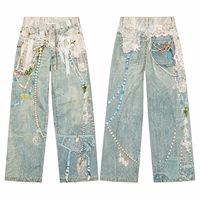Pantalon en jean bleu clair taille haute à jambes larges avec appliques en dentelle et perles, style bohème, longueur complète, en coton, pour femme