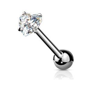 Piercing de langue en acier inoxydable en forme de cœur avec zircon rose, bijou 16G à filetage externe - Product Image 5