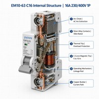 Disjoncteur miniature Yycore YYCEM10-63 C16 1P AC 16A 230/400V 10kA Courbe C IEC/EN 60898-1 CB CE UKCA