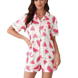 European American Cross Border New Summer <b>Cardigan</b> Pajamas Fashion Fruit Print Casual Short Sleeve Shorts Homewear Set Women - Product Image 5