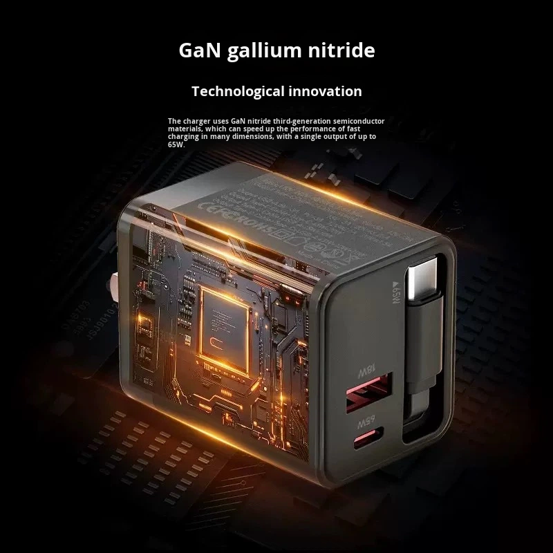 Настенное зарядное устройство 65 Вт GaN с выдвижным USB-C кабелем с двумя портами PD3 0 QC3 0 OTP Protection US UK EU Plugs для ноутбука, телефона, планшета
