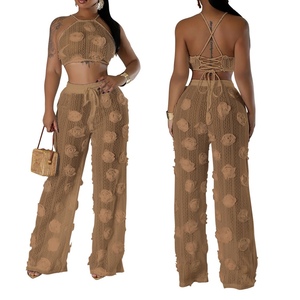 Ensemble 2 pièces tendance pour femme : haut court à lacets et pantalon ample en maille transparente de couleur unie - Product Image 6