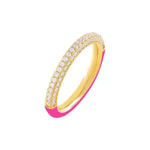 Milskye Modern Design Silver Neon Pink Enamel Jewelry Dainty Ring Stack Pave Cz Band Rings