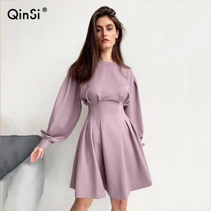 QINSI Female O-Neck Casual Lantern Sleeve Dress Women Flared A-Line High Waist Slim Party Dress Purple Pleated sweater dress