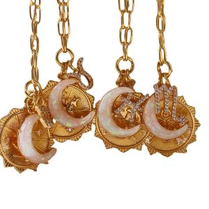 Collar con Colgante de Ópalo Luna Nueva con Runas de los Doce Signos del Zodiaco, Chapado en Oro de 18K, Estilo Vintage, Cadena de Eslabones, Girasol, LIVE4U 2025 - Product Image 1