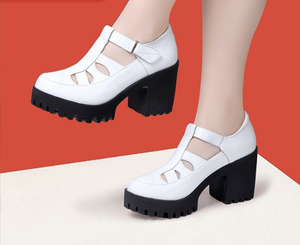 Verano <span class=keywords><strong>Suela</strong></span> blanda Tacón alto y grueso Zapatos de verano para mujer Cuero Madre Bao Toe Sandalias - Product Image 4