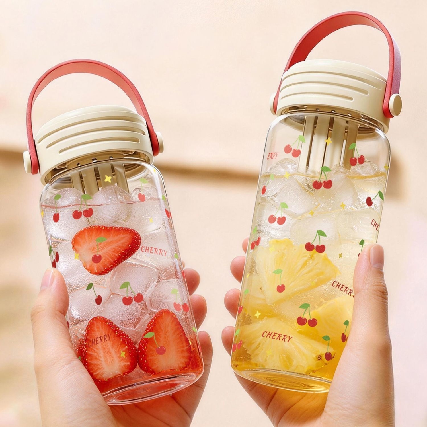 Women's High Borosilicate Glass Cup Handle Large Capacity Tea Separation Cold Brew Cherry Pattern Sealing Cap Dishwasher