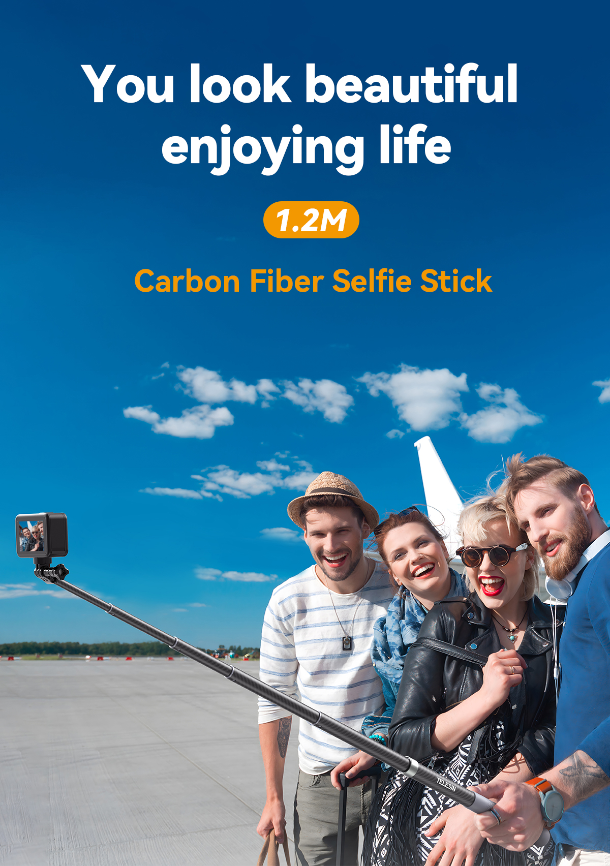 Telesin 1.2M carbon Fiber Selfie Stick Eccentric Tube Design Suitable for GoPro/Insta360 Action cameras