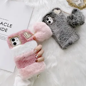 Luxury Women Faux Rabbit Fur Fluffy Plush Phone Case With Love Heart Ball Pendant For iPhone 11 12 13 Pro Max X XR XS 7 8 Plus