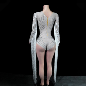 Combinaison Glamour Burlesque à Paillettes Argentées Faite à la Main avec Longues Franges, Costume de Scène pour Chanteuse de Boîte de Nuit, Diva de Cabaret, Performance Pop - Product Image 3