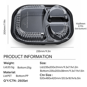 Conteneur alimentaire jetable en plastique PP à 3 compartiments de 1000 ml avec couvercle transparent en PET, compatible micro-ondes, boîte à lunch à emporter, blister - Product Image 2