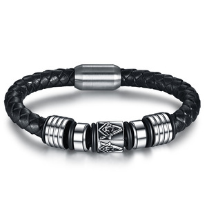 Bracelet en acier inoxydable pour homme, 9 mm, cuir noir, logo franc-maçon, fermeture magnétique, bijoux cadeau - Product Image 5