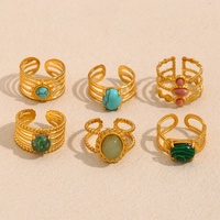 Modeschmuck 18 Karat vergoldeter Edelstahl-Hohlring Böhmischer Schmuck Türkis Naturstein Breiter offener Ring für Frauen