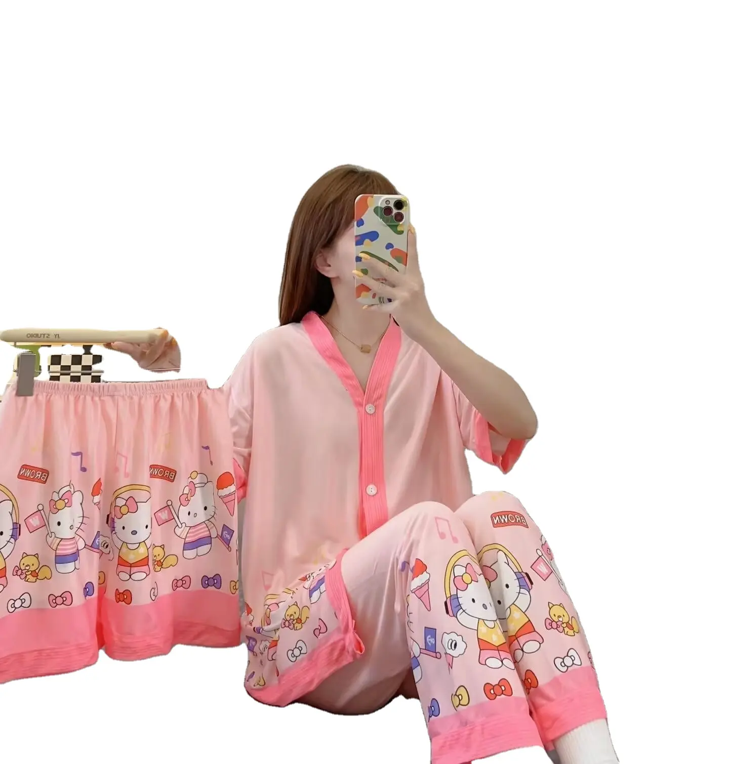 Cheap Kawaii Girl Summer Spring Short Cartoon Cotton Sleepwear Three-piece Set Tshirt Pyjama Nightgowns Women Pajamas For Girls