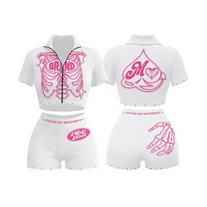 Conjunto de Dos Piezas para Mujer, Top Corto y Pantalones Cortos, Estampado de Esqueleto Negro y Rosa, Tejido Acanalado de Spandex y Poliéster, Manga Corta, Cuello Camisero - Product Image 6