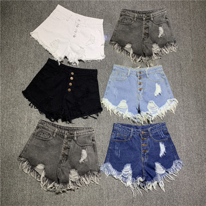 Shorts de Mezclilla Gris Ahumado de Cintura Alta a la Moda para Mujer, Pantalones Cortos Rotos <span class=keywords><strong>con</strong></span> <span class=keywords><strong>Botones</strong></span>, Holgados, de Pierna Ancha, Talla Grande para Mujeres Sensuales - Product Image 1