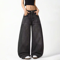 Pantalon en jean gris foncé imprimé style américain, coupe droite ample et large, délavé et vieilli, avec poche arrière