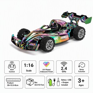 Coche de Carreras RC Estilo Fórmula 1/16 con Ruedas Abiertas, Cromado UV Iridiscente, 5 Canales, Pulverizador de Agua, Batería Recargable, Caja con Ventana, Juguete para Niños de 3+ Años - Product Image 5