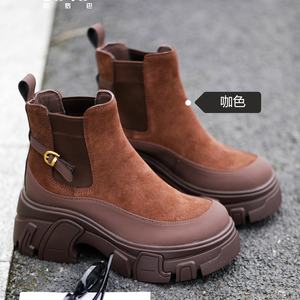 Bottes Chelsea d'hiver rétro pour femmes en cuir véritable talons épais doux confortable anti-glissant à la mode hauteur augmentant - Product Image 4