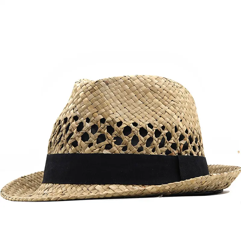 fashion sea grass hat handmade hollow vent short brim trilby panama hat UV protection sun beach fedora jazz mens straw hats