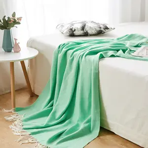 Trọng lượng nhẹ dệt kim xương cá giả cashmere rìa ném chăn mềm ấm cúng giường sofa ngoài trời rắn hình học trang trại len