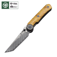Couteau de chasse pliable EDC à roulement mécanique élégant, lame en acier Damas, forgé à la main, couteau de poche, étui en bois et cuir