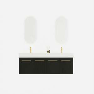 Mueble de Baño de 60 Pulgadas, Montado en la Pared, con Lavabo Doble de Resina, Diseño Moderno y Minimalista, Acabado Oscuro, Forma Rectangular - Product Image 1