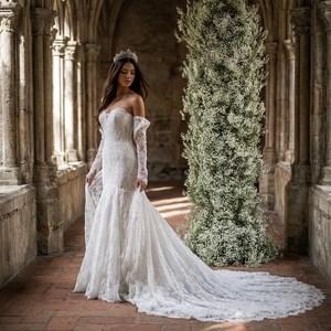Robe de mariée sirène moderne Nt11 en dentelle sans bretelles avec manches longues, traîne chapelle et appliques pour la mariée - Product Image 1