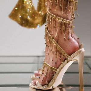 Chaussures dorées Kcenid pour femmes, chaussures de mariage, sandales à talons aiguilles avec cristaux et pompons, talons hauts sexy à bout ouvert - Product Image 2