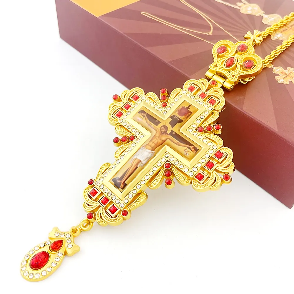 HT Or Grec Orthodoxe Pectoral Croix Crucifix Collier avec Salut Chrétien Jésus Religieux Amulette Cadeau pour Prêtre Évêque