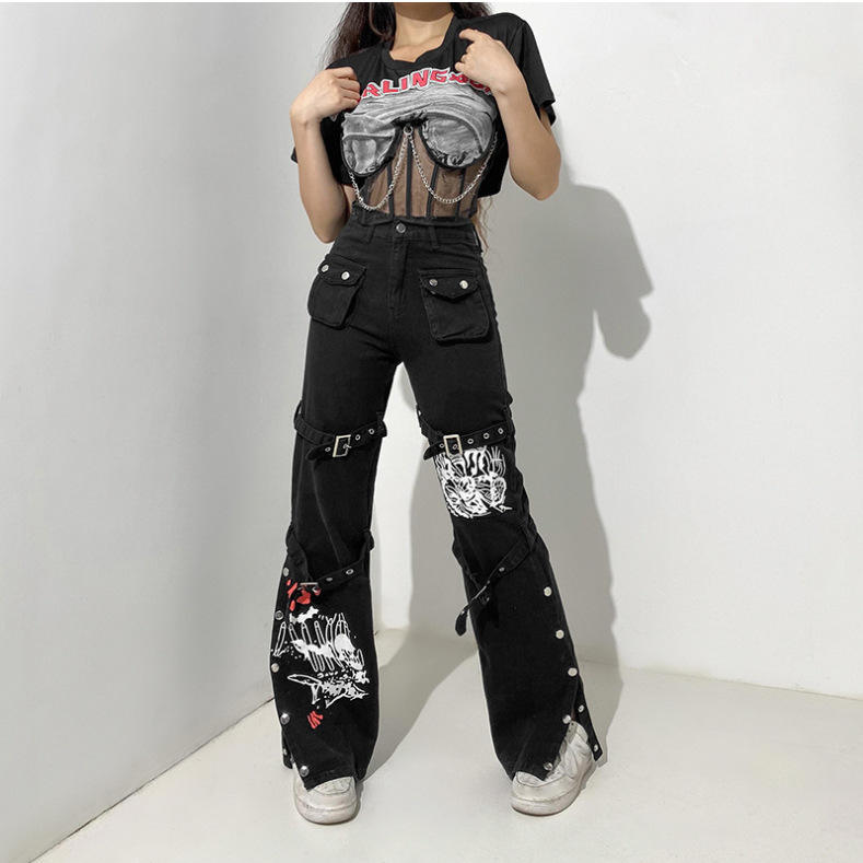 Shop Our Eyelet Buckle Cyber Punk Goth Baggy Jeans Y2K