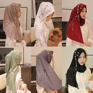 Luxe neige motif chaîne en métal musulman Hijabs strass perle perlée châles Polyester étole Turbans mariage Hijab pour les femmes - Product Image 2
